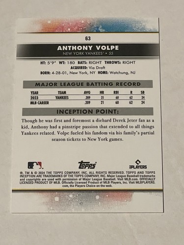 2024 Topps Inception Anthony Volpe #63 Gold Electricity /50 New York Yankees - Picture 2 of 2