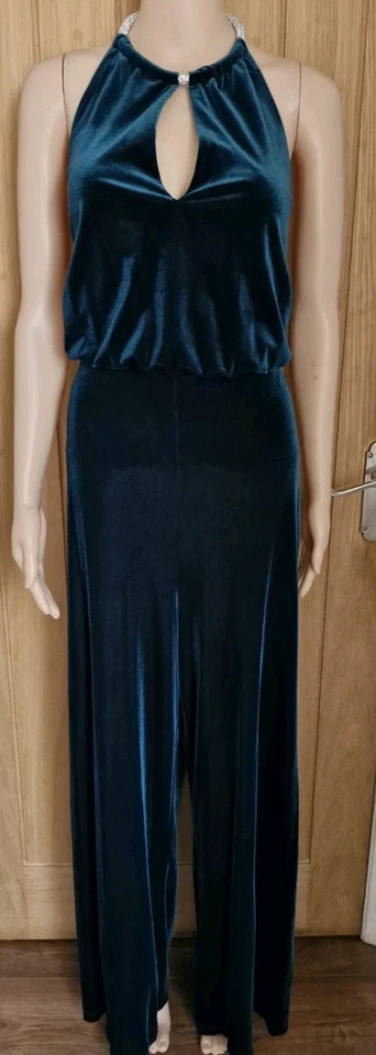 Nwt Green diamante halterneck velvet wide leg jumpsuit size 18 - Image 2 of 4