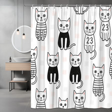 Funny Cat Shower Curtain - Cute Black and White Design for Bathroom
