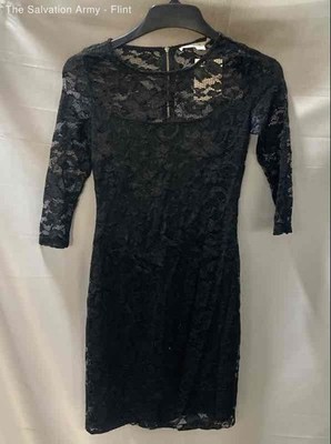 Boston Proper Womens Black Floral 3/4 Sleeve Round Neck Lace Sheath Dress Size 2