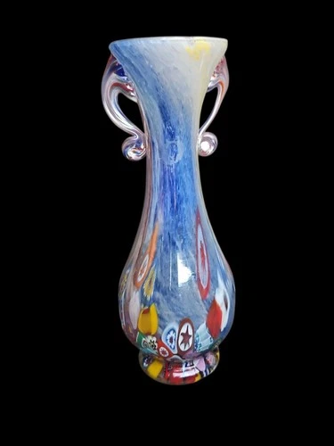 Multi Color Millefiori Art Glass Vase~Murano?~Handled~9 " Tall