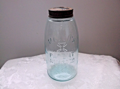 Vintage Aqua MASON'S 67 PATENT NOV 30TH 1858 Half Gallon Fruit Jar- Presto Lid
