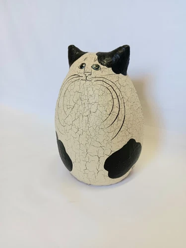 Folk Art Vtg Cat Natalie Silitch Canvas Cat Crackled Hand Painted Black White