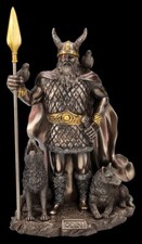 Odin Figur stehend mit Wölfen und Raben - Mythologie Götter Figur Dekoration