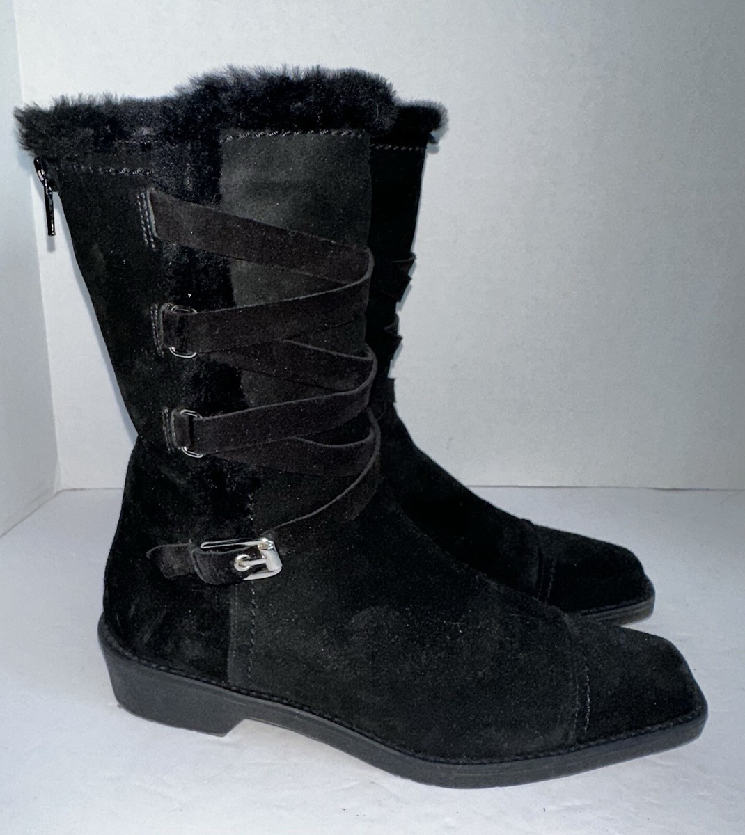 $495 Stuart Weitzman Fur Lined Mid Calf Back Zip Black Suede Boots Womens  M