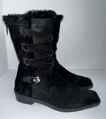 $495 Stuart Weitzman Fur Lined Mid Calf Back Zip Black Suede Boots Womens 7 M
