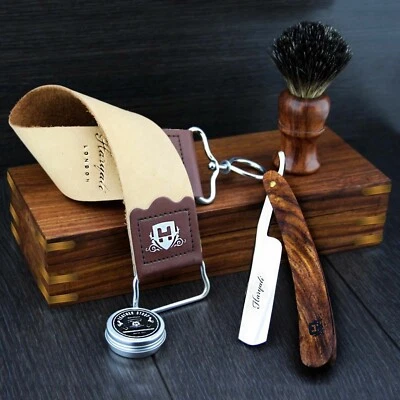 HARYALI LONDON Kit Rasatura Uomo 5 Pezzi Vintage Taglio Dritto Gola Rasoio Spazzola Strop Scatola Legno
