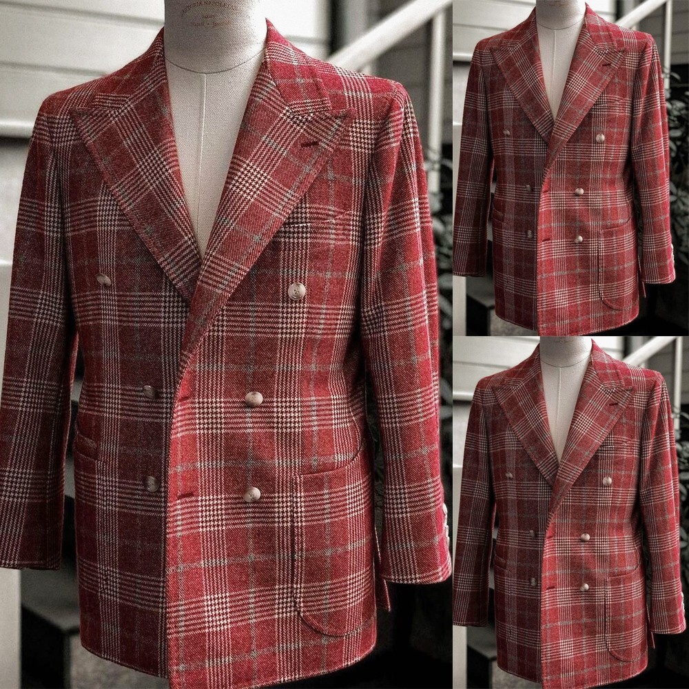 Red Houndstooth Men's Suits Wide Peak Lapel Christmas Party Coat New Year Blazer