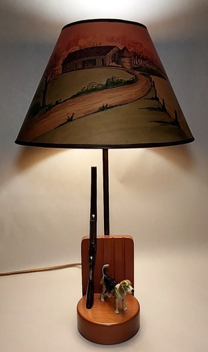 Mid Century Hunting Lodge Watchdog & Shotgun Lamp Farm Scene Shade Incredible! - Picture 2 of 24