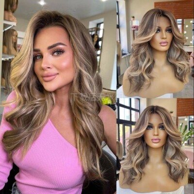 13x4 Lace Wig Highlight Ash Blonde Brown With Dark Root 100% Human Hair Wig