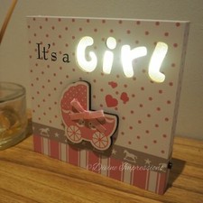It's a Girl LED Wooden Plaque Sign Night Light Square Block Pink Nursery Decor