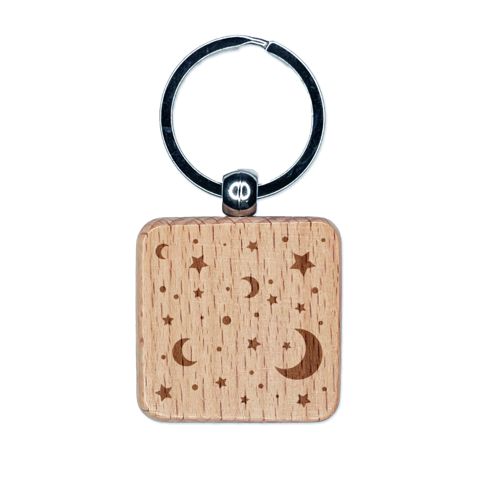 Moon and Stars Engraved Wood Square Keychain Tag Charm