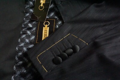 Zilli Black Glitter Striped Silk Lining Wool 2 Pc Tuxedo Jacket Pant 52R US NEW 