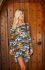 USA New Womens MULTI COLORED PINK CAMO ARMY CAMOUFLAGE BOHO POCKET TUNIC S M L