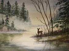 Original Artwork Painting Landscape DEER FOGGY FOREST WILDLIFE Animal ArtGift A4