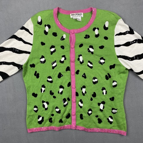 Jack B Quick Sweater Womens M Lime Green Cow Zebra Vintage Cardigan Animal Print - Picture 3 of 17