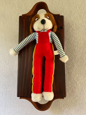 Vintage Anntoy Co. Ltd. Plush Dog Red Overalls Blue Stripes Long Legs Hong Kong