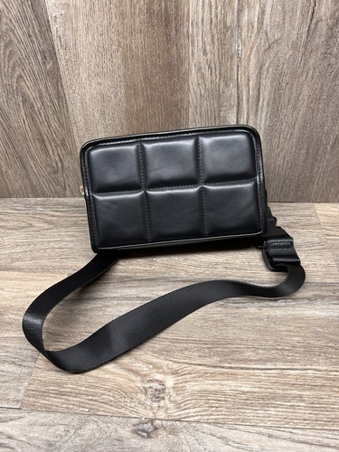Amanda Uprichard Rectangle Quilted Pleather Black Gold Crossbody Belt Bag Women - Picture 2 of 5