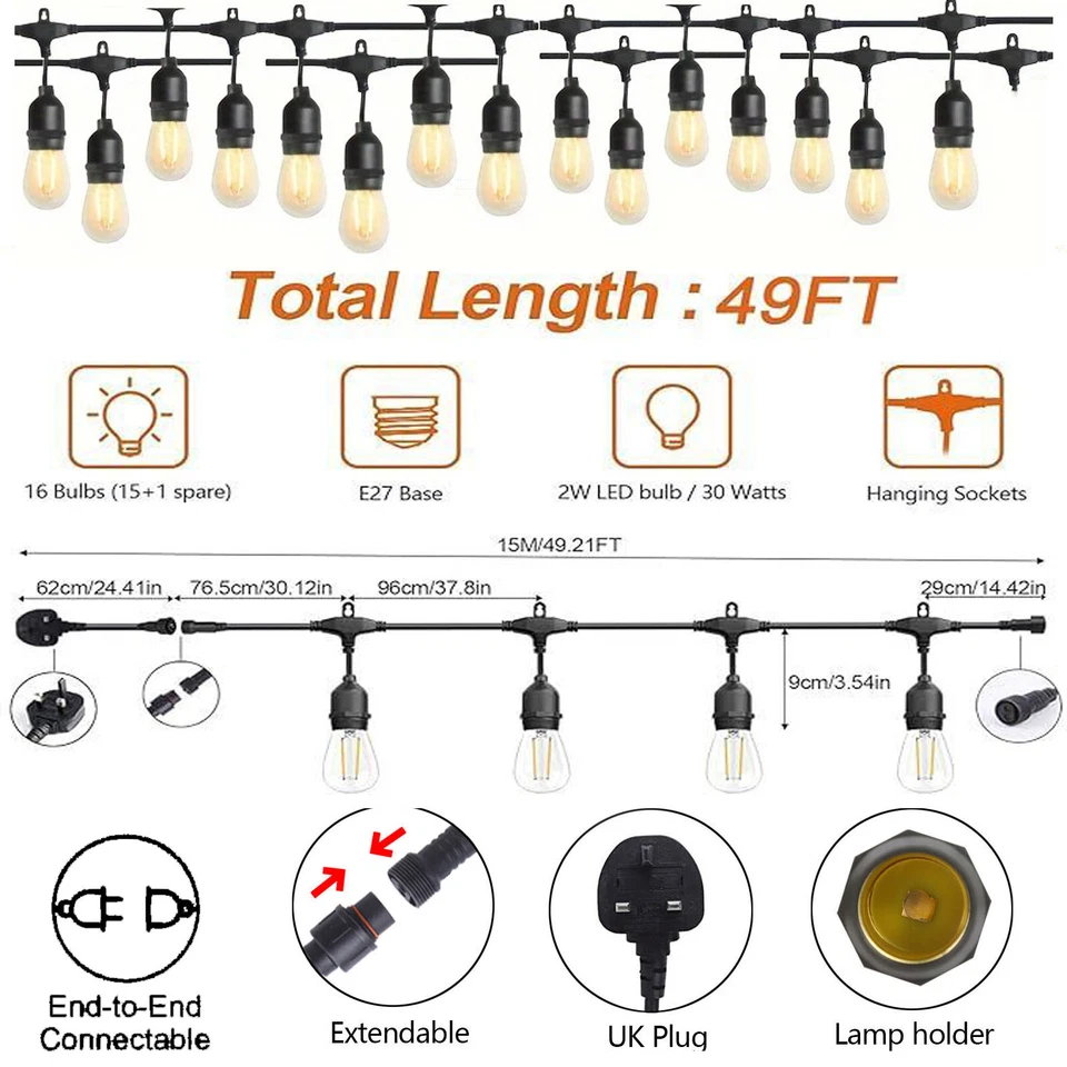 49-294 FT Festoon Outdoor String Light Mains Powered S14 LED Bulbs Garden Lights - Image 2 of 4
