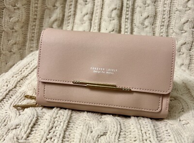 Large Wallet Purse 2 Pocket Zip Handbag Crossbody Shoulder Bag - Blush Pink