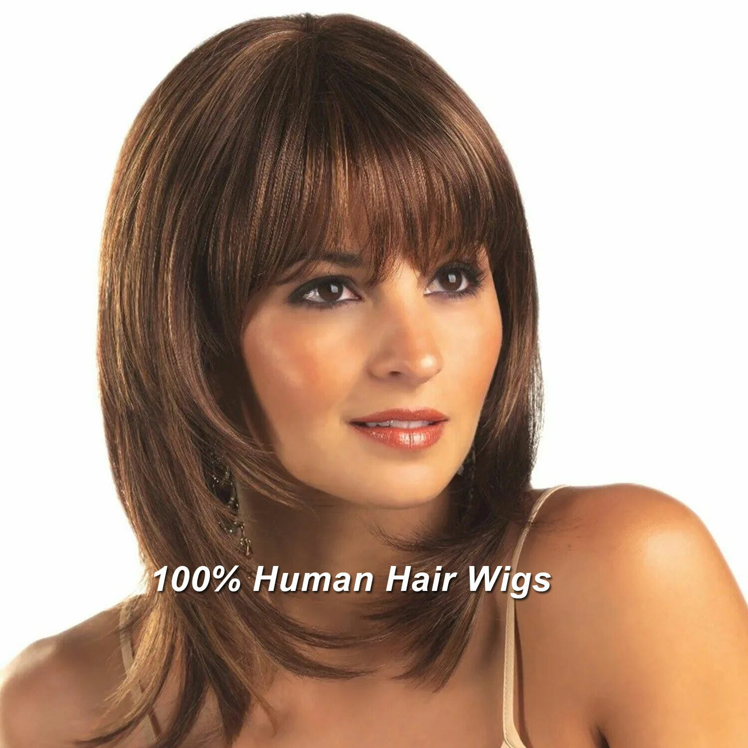 100%Real Remy Indian Human Hair Wig With Bangs Bob Style Straight Full Wig  Brown | eBay