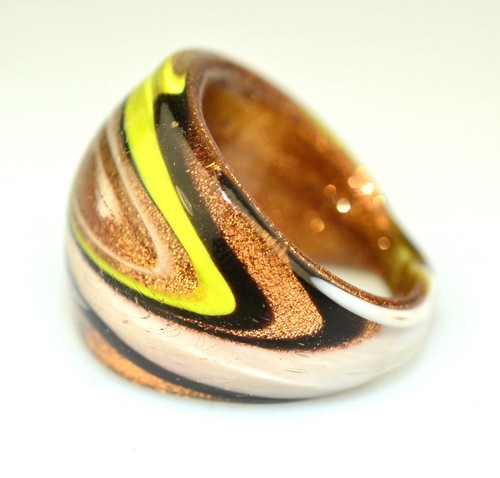 NEU RIESIGER VENEZIANISCHER KUNSTGLAS RING METALL GOLDSTEIN GRÜN SCHWARZ & WEISS GRÖSSE 9 - Bild 2 von 5