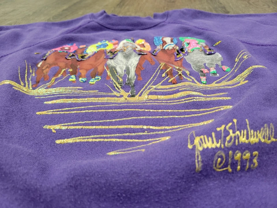 Sudadera Joan Studwell XL pintada a mano 1993 Kentucky Derby Race Horse cuello redondo Foto 3 de 4