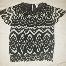CDW Creative Design Works  Black White Swirl Blouse Med Jeweled