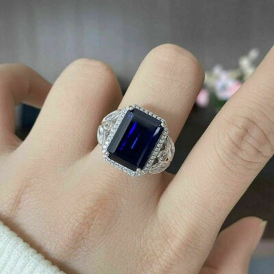 Blue Emerald Cut Cubic Zirconia Halo Special Occasion 925 Sterling Silver Ring