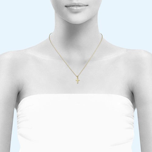 14K Solid Yellow Gold Cross Pendant Singapore Chain Necklace Set -Polished Charm - Picture 3 of 3