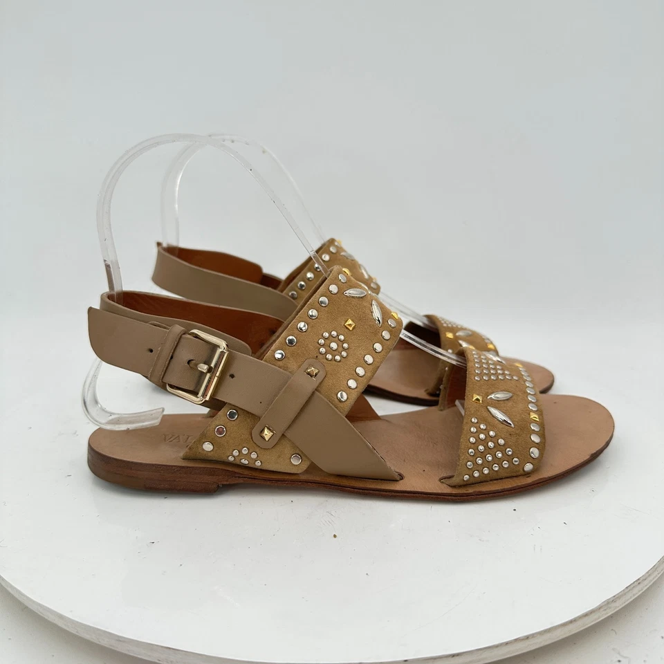 Valentino Garavani Women Size EU 35 US 5 Brown Suede Studded Buckle Flat Sandal - Image 4 of 4