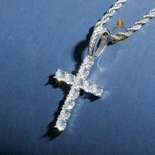 Solid 14K White Gold Moissanite Cross Wedding Pendant 2.30 CT Round Cut For Her