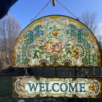 Amia Hand Painted Sun Catcher Stained Glass Welcome Sign Beautiful Roses Pattern