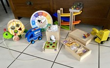 Holzspielzeug - Montessori + Lernuhr + Autorennbahn + Puzzle + Fahrzeuge
