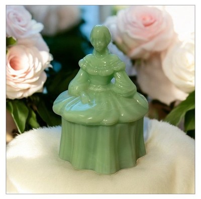 Jadeite Mosser Glass Victorian Lady Green Figural Trinket or Jewelry Box