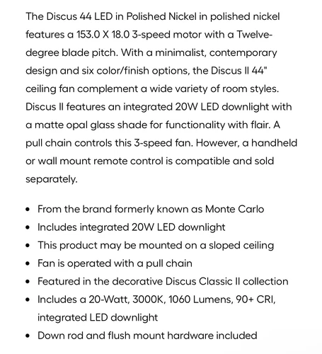 FREE SHIP✨DISCUS 44” LED Polished Nickel Silver-Blades Ceiling Fan 5DIC44PND-V1 - Picture 2 of 4