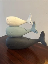 Whale Art Sculpture 8” White, Blue & Black Distressed Look Polystone