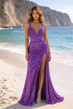 Long Purple Stretch Sequin Sweetheart Side Slit Prom Dress Size 0 Formal Gown