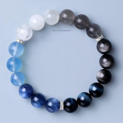 Five-Element Crystal Bracelet for Women, Aquamarine Obsidian & Blue Tiger Eye