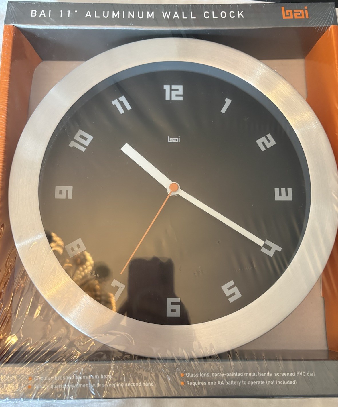 Bai 11" Aluminum Wall Clock Black Face Silver Frame Quartz Modern Design