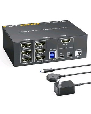 KVM Switch 3 Monitors for 2 Computers 4K@60Hz, USB C HDMI, Docking Station