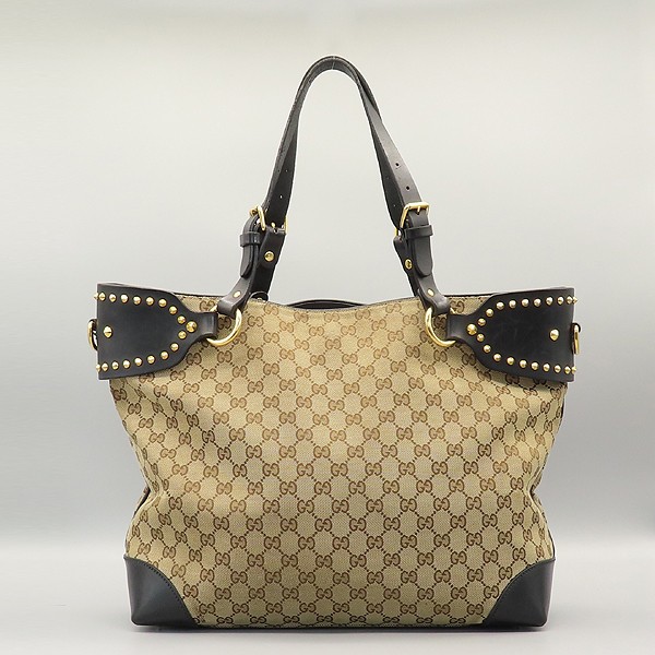 Gucci GG logo canvas jacquard studded black leather-trimmed shopper shoulder bag