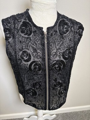 Banana Republic Beaded Black Zip Vest ~SZ S~Evening Y2K 90s Glam Boho Luxe