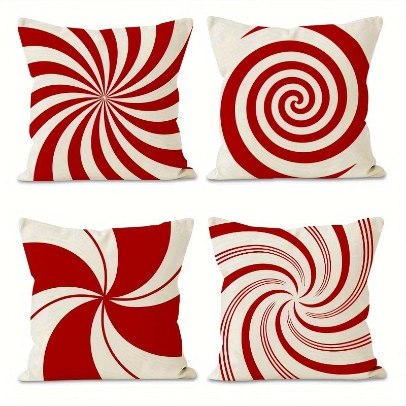 4Pcs Peppermint Candy Pattern Christmas Linen Pillow Case Perfect New Year Gift - Image 2 of 4