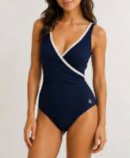 Vintage Lauren Ralph Lauren Navy Cable Knit White Trim One-Piece Swimsuit SZ 12