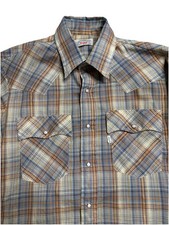 Vtg 1980s Levi Strauss Western Shirt Blue Plaid Pearl Snap White Tag Sz Med