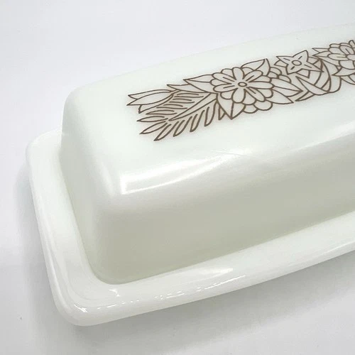 Vintage Pyrex Woodland Butter Dish Lid 72 B Milk Glass Brown White 1970s Retro