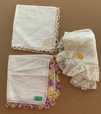 Vintage Lot OF 1 French Lace Hanky and 2White Linen Tatted Hankies Handkerchiefs