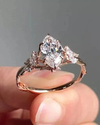 2.10CT Marquise Cut Real Moissanite Engagement Wedding Ring 14K Rose Gold Plated