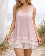 Soft Pink Sheer Linen Layered Tank Tunic Fairycore Balletcore Boho Lagenlook M